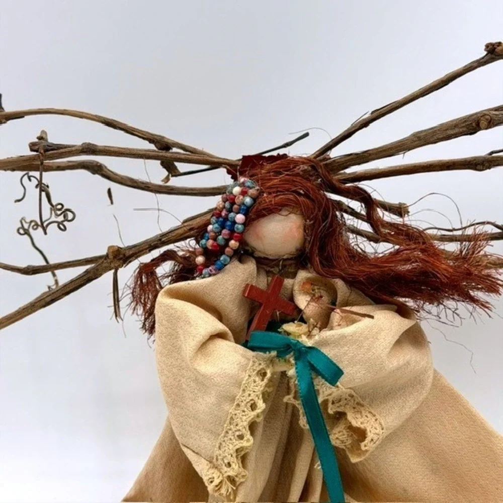 Mary Grey Primitive Folk Art Angel Doll Grapevine Wings Wood Base Handmade 12in